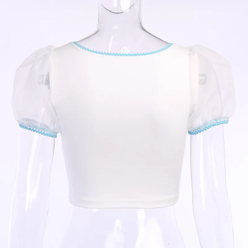 

2020 Summer Square Neck mesh puff sleeve lace short sleeve T-shirt women
