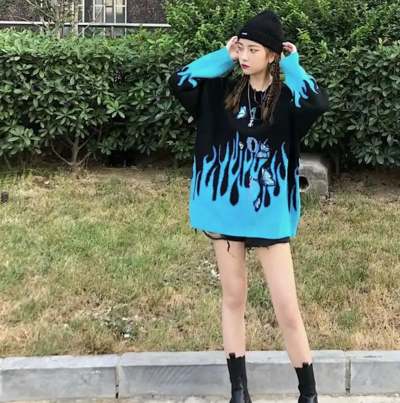 Вязаный свитер Woherb в стиле Харадзюку с эффектом пламени Женский пуловер