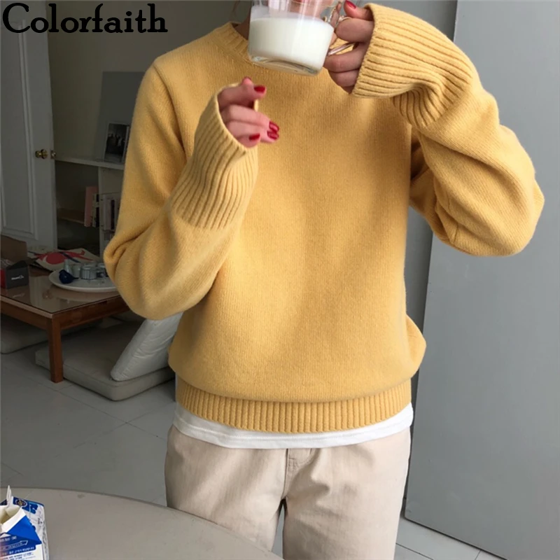 Женский трикотажный свитер Colorfaith теплый Однотонный пуловер свободного покроя в