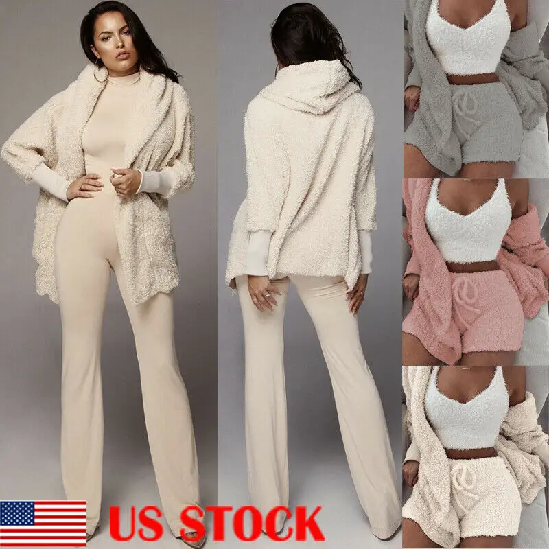 Женское теплое плюшевое пальто с капюшоном Кардиган длинным рукавом флисовая