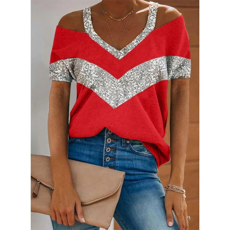

Summer Women T-shirts V-neck Urban Casual Short-Sleeved Stitching Blouse Suspender Off Shoulder Tee Woman Clothes