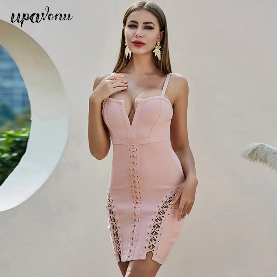 

Женское Бандажное платье на бретелях-спагетти, розовое ажурное облегающее платье с V-образным вырезом, подиумное клубвечерние вечернее пла...