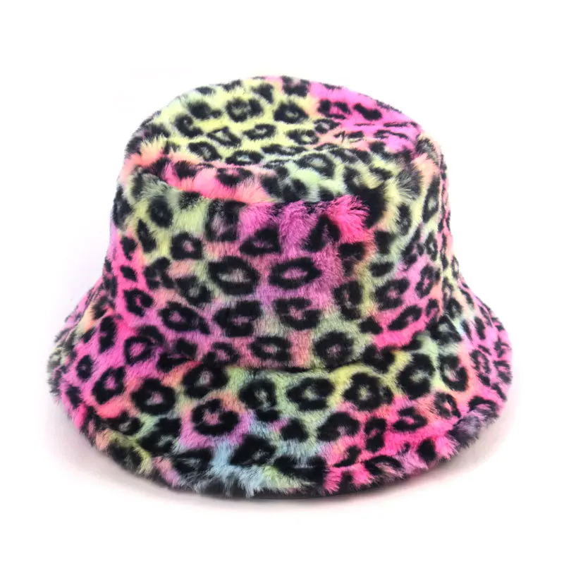 

New Outdoor Multicolor Rainbow Faux Fur Letter Pattern Bucket Hats Women Winter Soft Warm Gorros Mujer Hats for Women