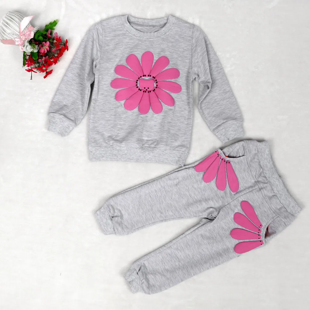 Модная Осенняя детская одежда костюм для девочек топ с цветочным принтом и брюки