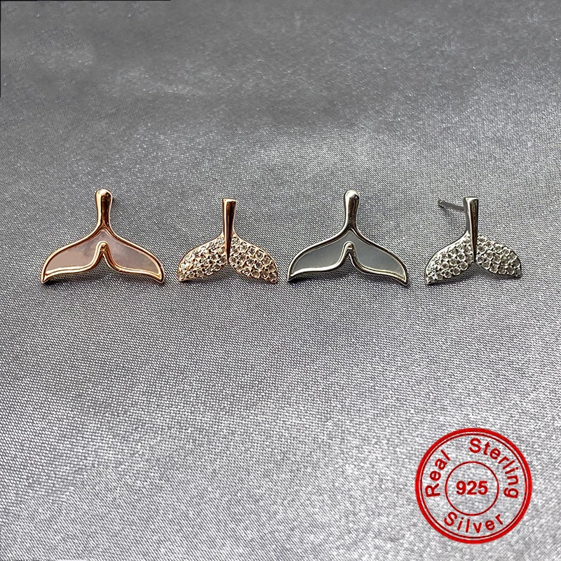 

100% S925 Sterling Silver Fishtail Stud Earrings For Women Fashion Stud Silver Rose Gold White Gold Earrings Fine Jewelry Gifts