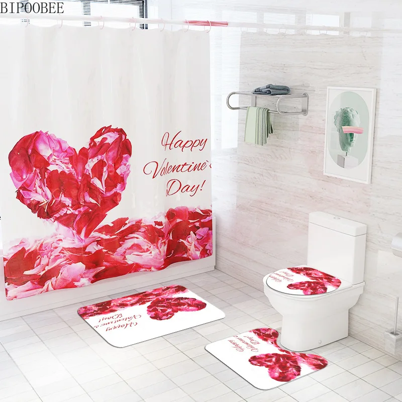 

Love Petal Frabic Shower Curtain Happy Valentine's Day Bathroom Curtains Pedestal Non-Slip Rugs Toilet Lid Cover Bath Mats