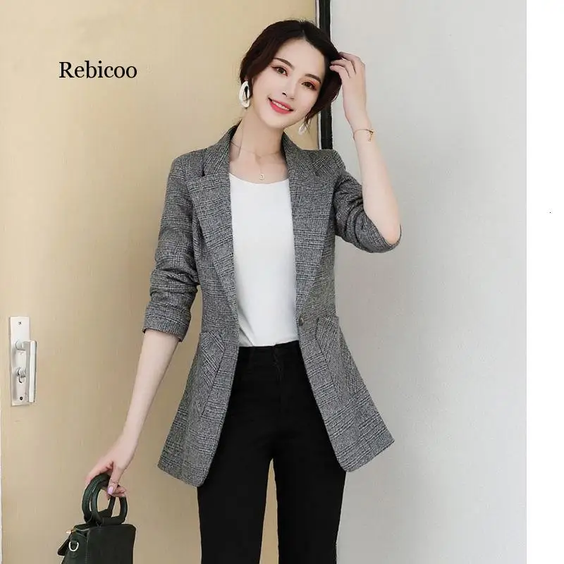 

Vintage Office Lady Notched Collar Plaid Women Blazer Single Button Autumn Jacket Casual Pockets Female Suits Coat
