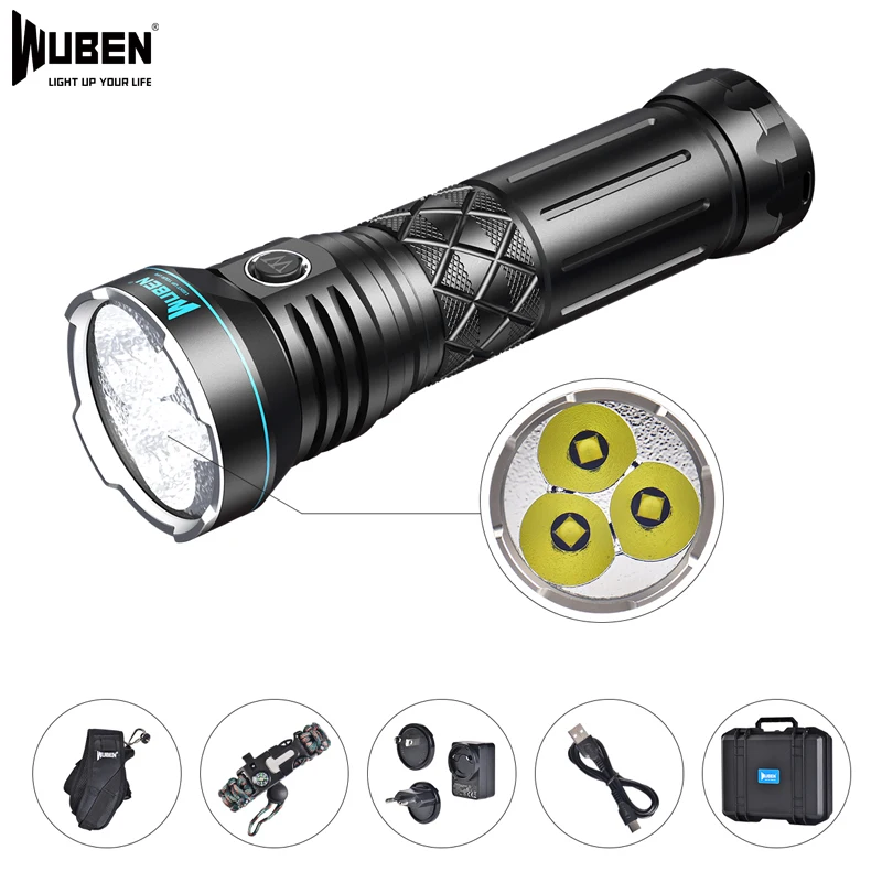 WUBEN A9 Super High Powerful LED Flashlight Brightest 12000LM Torch 3PCS CREE XHP70.2 Rechargeable Battery for Outdoor Lighting