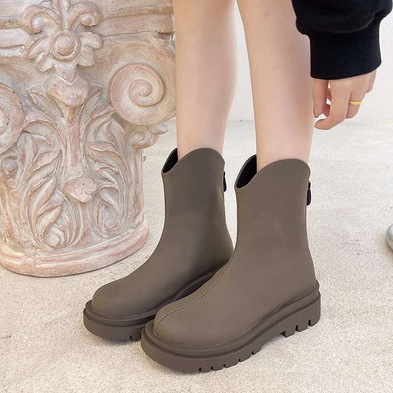 

Женские ботильоны на платформе, короткие ботинки в западном стиле на толстой подошве с круглым носком, черного и серого цвета