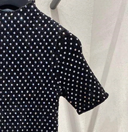 

Трикотажное платье-трапеция, в горошек, с бриллиантами, на осень и зиму, 2020