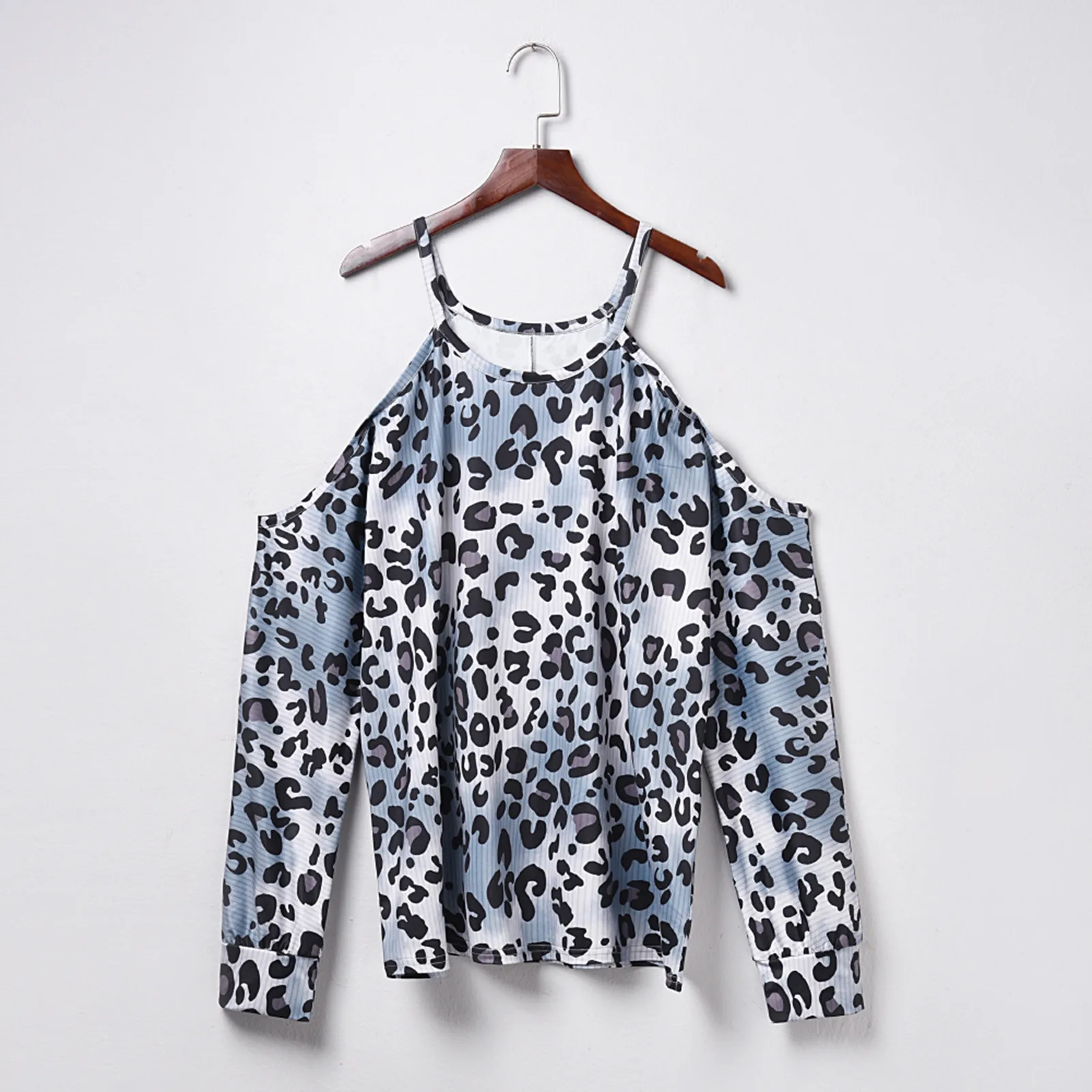 

Women's Off-shoulder Blouses Casual Blue Leopard Print Round Neck Long Sleeves T-shirts Vintage Clothes Tops