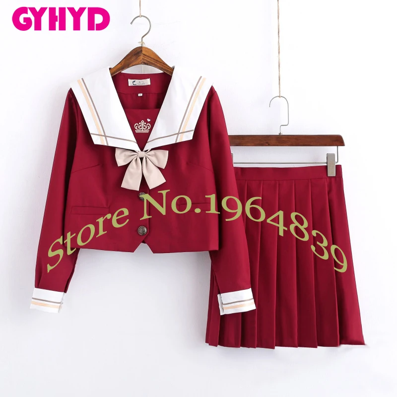 Long Sleeve Set Красный сладкий девушка косплей японская школьная форма вышитые моряки в школьном стиле Школьный костюм - Цвет: Long Sleeve Set