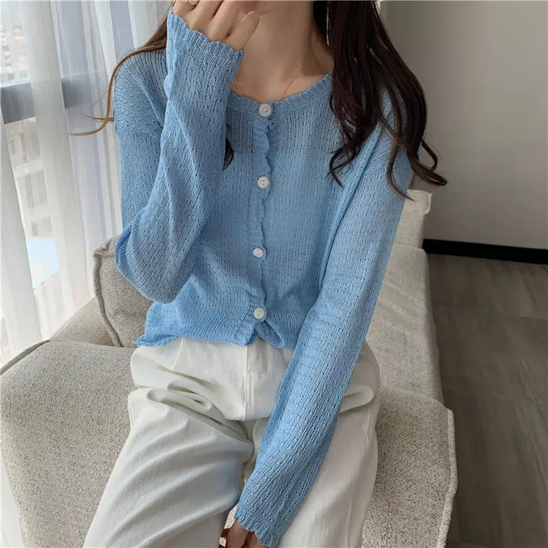 

2021 new women's long sleeve open stitch knitted top autumn women's o-neck solid color thin sweater coat single brested top