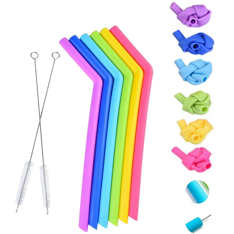 

6 pack Rainbow Colored Reusable Silicone Straws Extra Long Flexible Bend Smoothies Straws Reusable Drinking Straws for 30 oz Yet