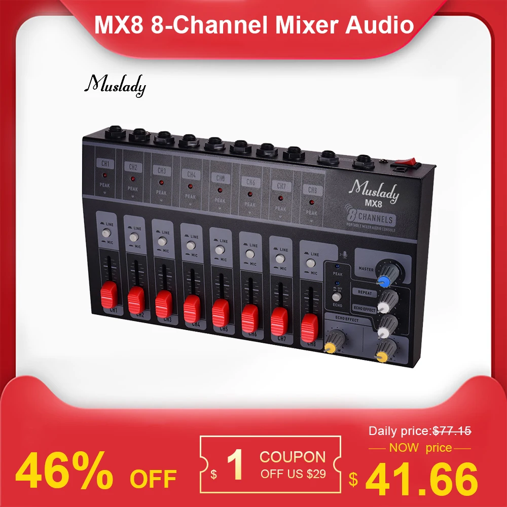 Muslady MX8 Портативный 8 каналов стерео аудио звук микшер низкий уровень шума с эхо-эффектом