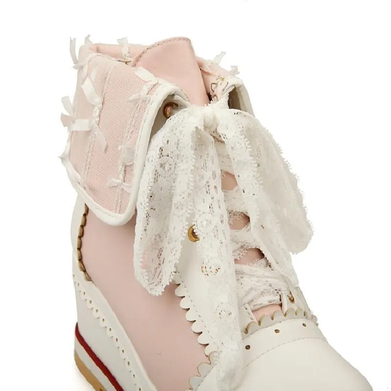 

Foot lace tie color matching slope heel thick soled boots women's shoes size 40-48