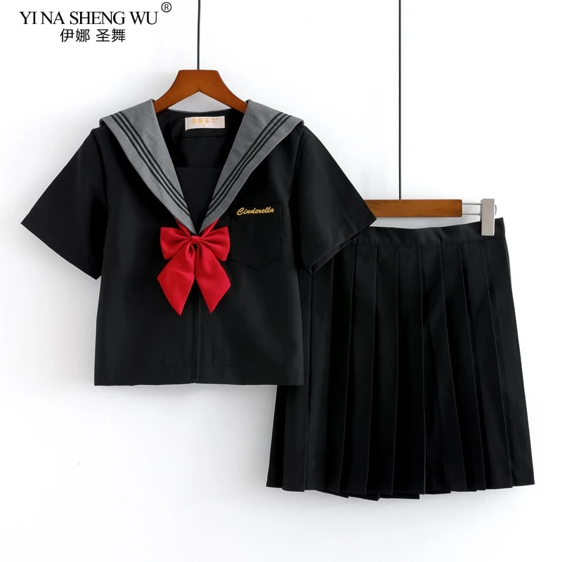 

JK Uniform Japanese High School Students Uniform Women Sailor Suit Anime Cosplay Costume Schoolgirl Black Gray Pleated Skirt Set