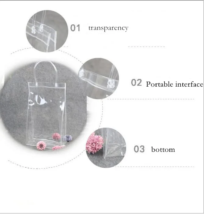 

20pcs/lot Transparent soft PVC gift tote packaging bags with hand loop, clear Plastic handbag, cosmetic bag