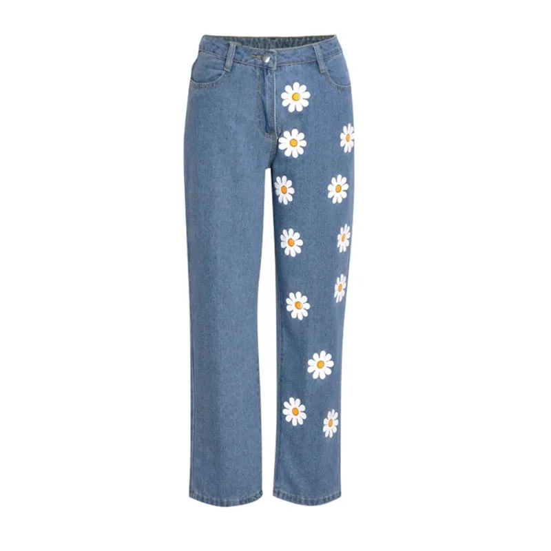 

Limiguyue Fashion Chic Women Jeans High Waist Straight Long Pants Trousers Vintage Daisy Printed Denim Jeans Streetwear K692