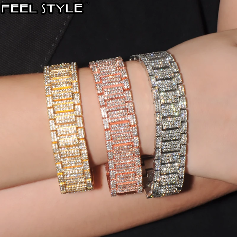 Полностью Стразы Iced Out блестящие золотые часы браслет звено цепи браслеты для