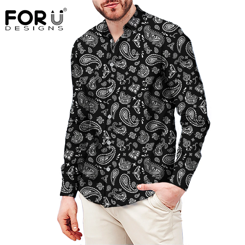 

FORUDESIGNS Black and White Paisley 3D Printed CCamisas Para Hombre Leisure Travel Shirt Fishing Shirt Slim Fit Blouses For Mens