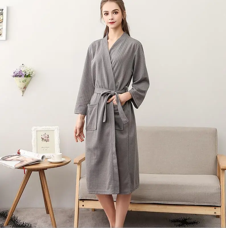 grey-women Осенние вафельные халаты для влюбленных, для мужчин и женщин, сосут, вода, кимоно, ночные рубашки, большие размеры, спа, банный халат 3XL - Цвет: grey-women