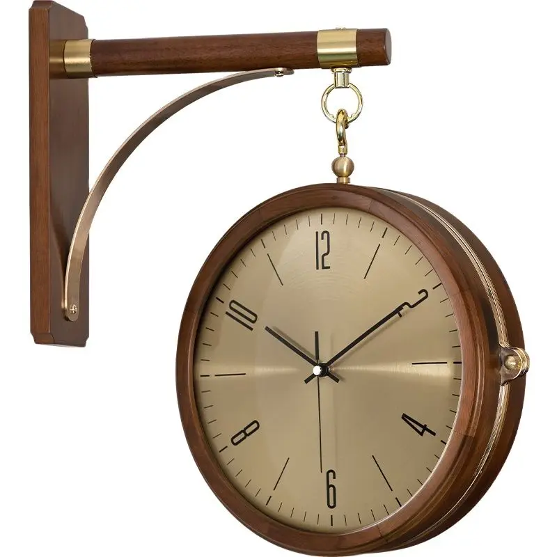

Modern Wall Clock Double Sided Living Room Decoration Wall Watches Home Decor Luxury Wooden Clock Frame Brass Creative Silence