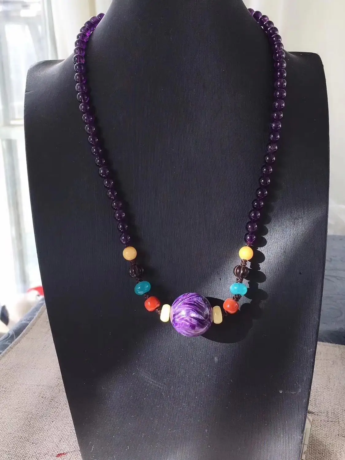 Отличный натуральный фиолетовый Charoite драгоценный камень кристалл ожерелье