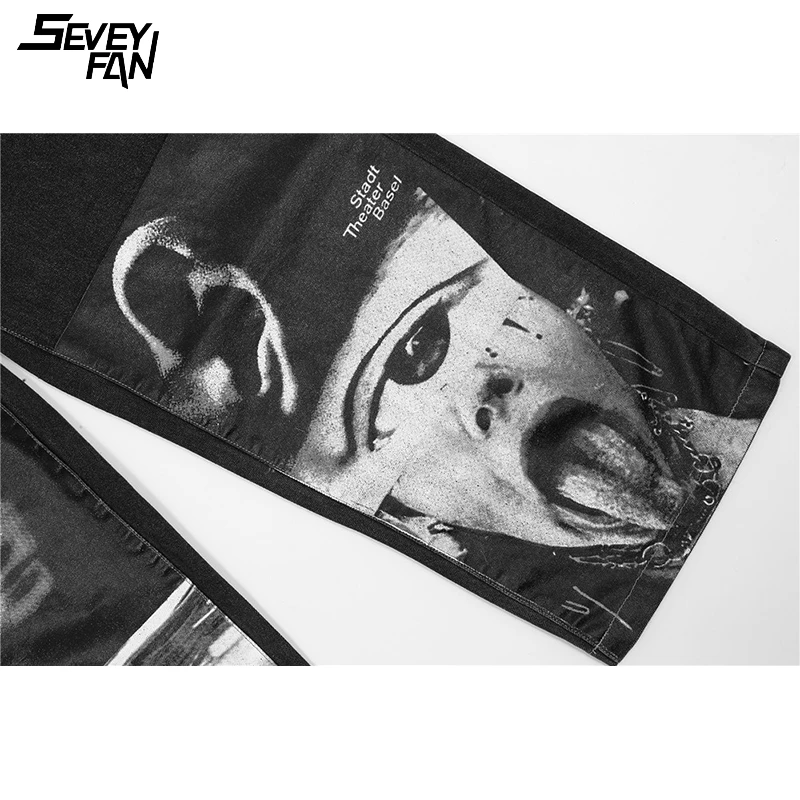 

Men Hip Hop Ripped Jeans Funny Graffiti Streetwear Oversized Harajuku Hole Jean Wide Leg Dance Skateboard Black Denim Pants Male