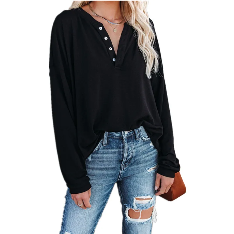 

Women's autumn and winter solid color long sleeve round neck Pullover button top T-shirt