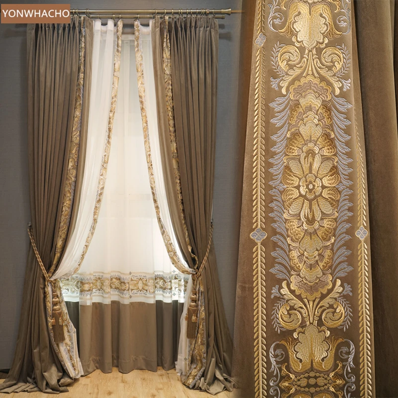 

Занавески на заказ, роскошные бархатные занавески высокого класса с вышивкой в американском стиле, для гостиной, виллы, кофейного цвета, зат...