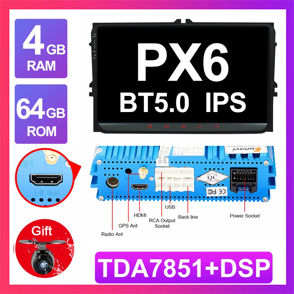 4G 64G PX6 DSP Eunavi 4 г 64 г Android 9 2 Din автомагнитола Стерео gps для VW Passat B6 CC Polo GOLF 5 6 Touran Jetta Tiguan Magotan сиденье DSP без DVD - Цвет: 4G 64G PX6 DSP