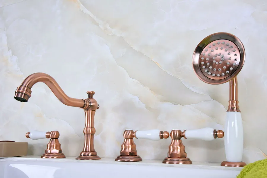 

Antique Red Copper Brass Widespread Deck-Mounted Tub 5 Holes Three Handles Bathroom Tub Sink Basin Faucet Tap Hand Spray mtf227