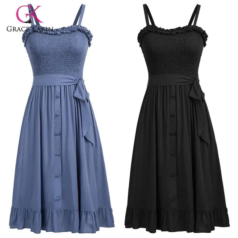 Женское платье на бретельках Grace Karin летнее однотонное хлопковое расклешенное