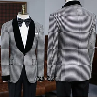 jeltonewin houndstooth smoking jacket men suits slim fit men wedding suits velvet lapel custom made groom suit wedding tuxedo