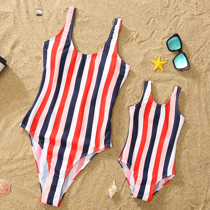 

Семейные одинаковые Полосатые Купальники, Цельный Наряд, летняя мода, бикини для мам и детей, купальник для мамы и дочки