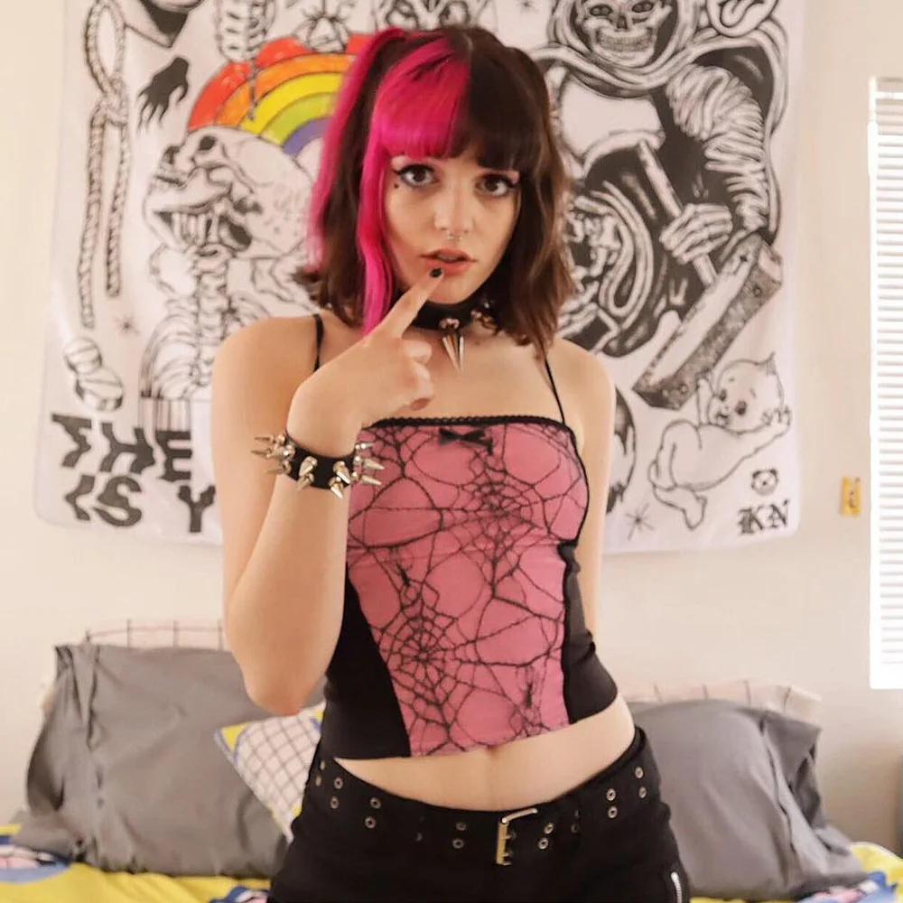 

Spider Web Gothic Tops Femme Lace Dark Black Contrast Bow Mesh Vintage Sexy Cropped Tank Casual Camisole Mujer Kawaii Clothes