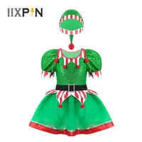 kids girls christmas elf costume cosplay princess xmas party outfit sequins ballet dance leotard mesh tutu dress with hat
