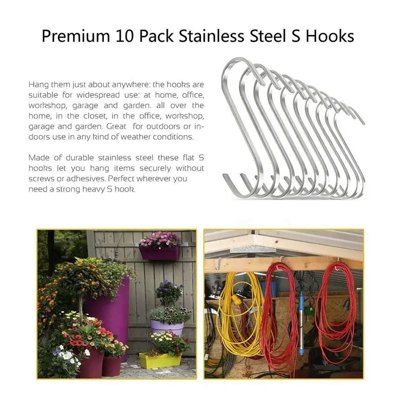 

Set of 10 S Stainless Steel Suspension Hooks for Kitchen Cookware or Butcher Meat