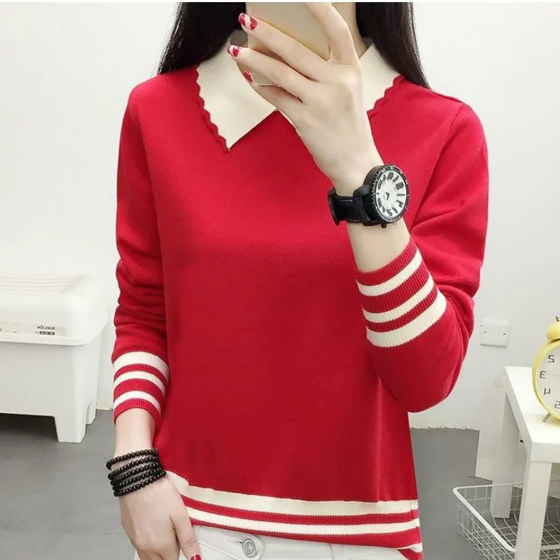 

Pullovers Women Korean Style Slim Simple Striped Sweater Plus Size 4XL Turn-down Collar Basic Leisure All-match Spring Autumn