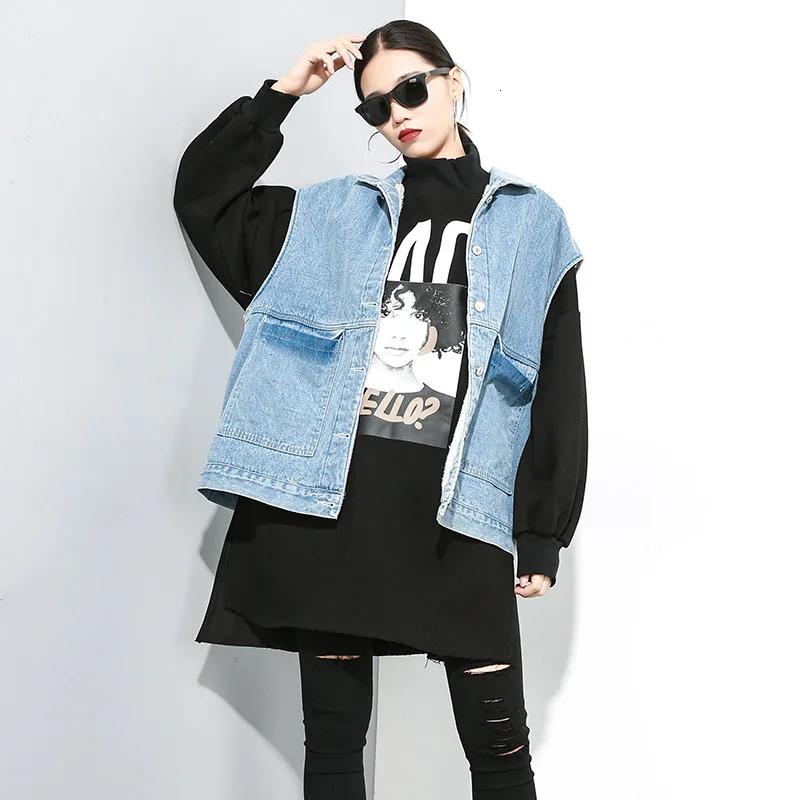 LANMREM 2020 новый модный Индивидуальный плюс вельветовый теплый джинсовый жилет