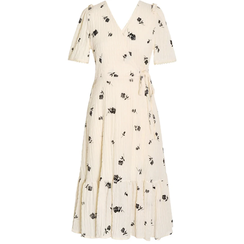 

Sweet A Line Print Dress French Style Elegant Temperament Slim Waist Dresses for Women Simple V Neck Sexy All Match Vestidos