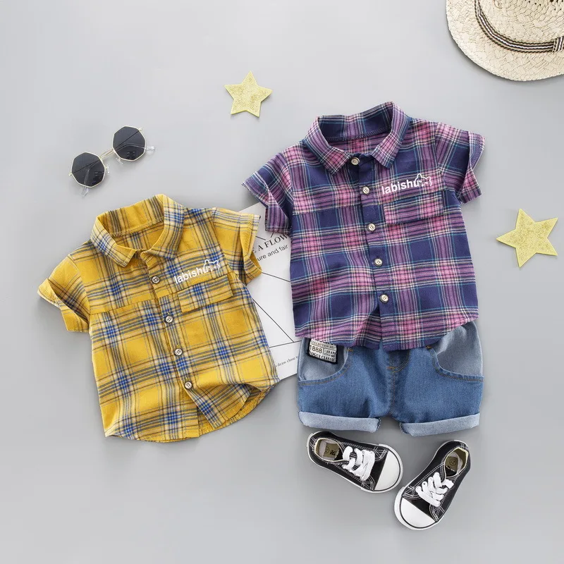 

2020 Summer Kids Sets Boys Girls Fashion Cotton Sets Short Sleeves Plaid Shirts + Denim Shorts Two-piece Children's Clothing