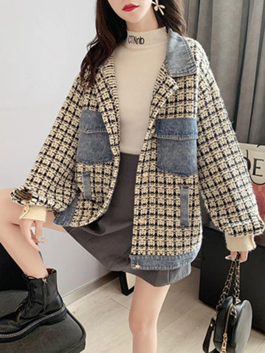 SuperAen клетчатое повседневное джинсовое пальто в стиле пэчворк женская Свободная