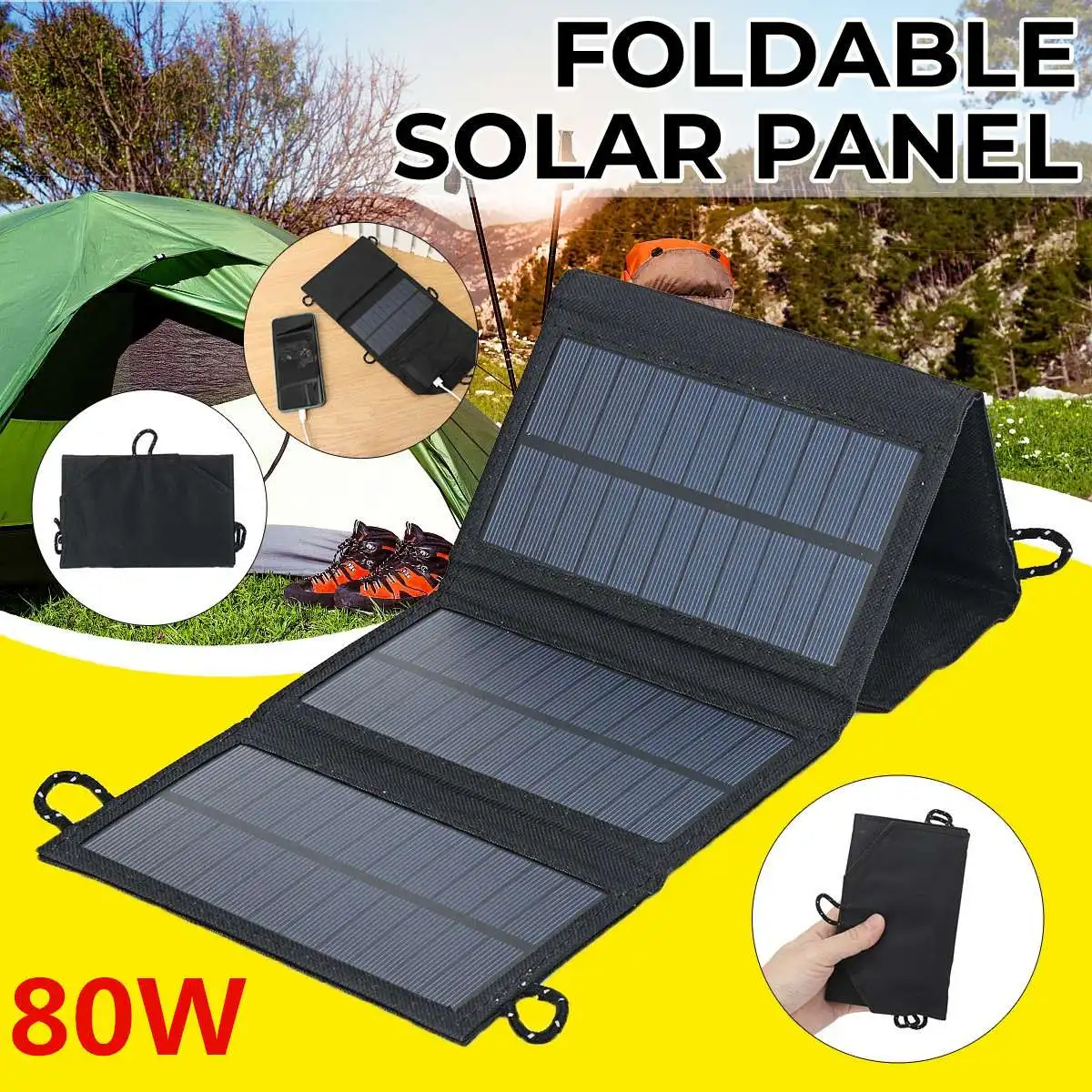 Panel Solar plegable de 80W, placa Solar de celda completa para senderismo, Camping, cargador de batería móvil para exteriores