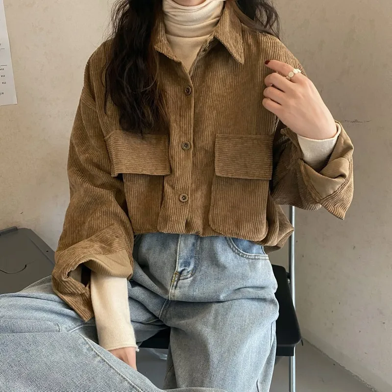 

New Women Solid Corduroy Batwing Sleeve Vintage Blouse Turn-Down Collar Loose Top Button Up Pink Shirt Feminina Blusa FC693