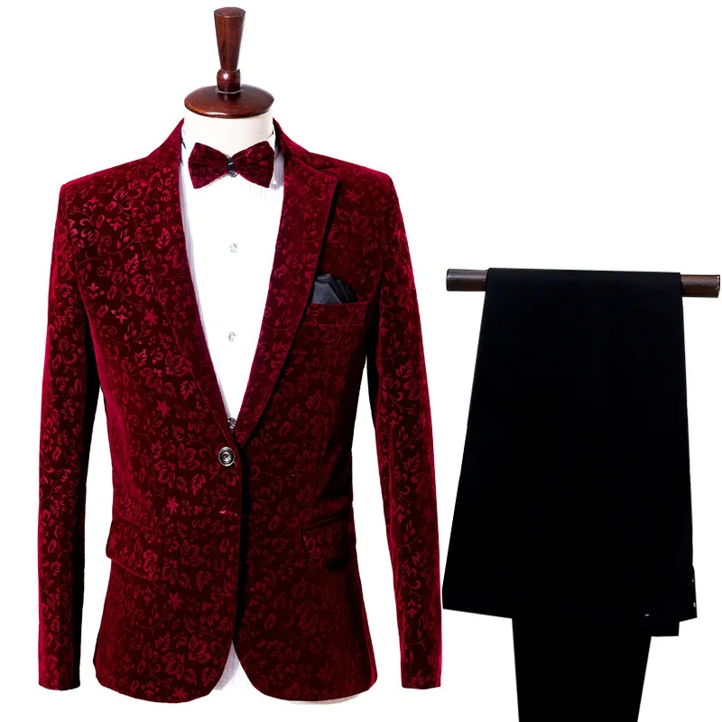 

2020 men wine red shadow velvet suit the host stage two things suit