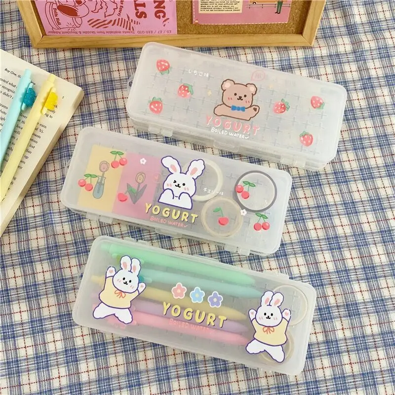 

MINKYS Kawaii Cherry Rabbit Bear Transparent Double Layers Pencil Box Penholder Pencilcase Storage Pouch School Stationery