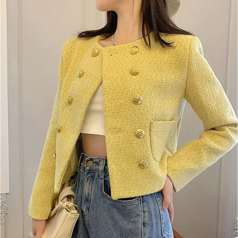 Fall Spring French Women's Double Breasted Brand Luxury Tweed Jacket Yellow Elegant Pocket Design Coat Top Casaco Outwear