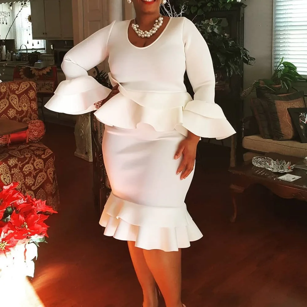 Белые элегантные женские африканские платья 2020 с круглым вырезом и оборками